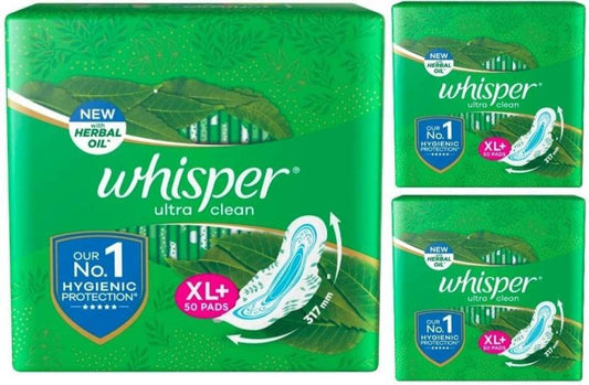 WHISPER ULTRA HYGIENE+COMFORT SANITARY PADS, 50 XL+ PADS, FOR HEAVY FLOW, LONG LASTING PROTECTION, LOCKS ODOUR & WETNESS, DRY TOP SHEET, DISPOSABLE WRAPPER