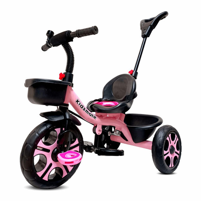 Kidsmate Junior Tricycle for Kids with Parental Control | Cycle for Kids 1-4 Years | Baby Cycle | Bicycle for Kids with Storage Basket, Cushion Seat and Seat Belt Carrying Capacity 30 Kgs (Pink) 