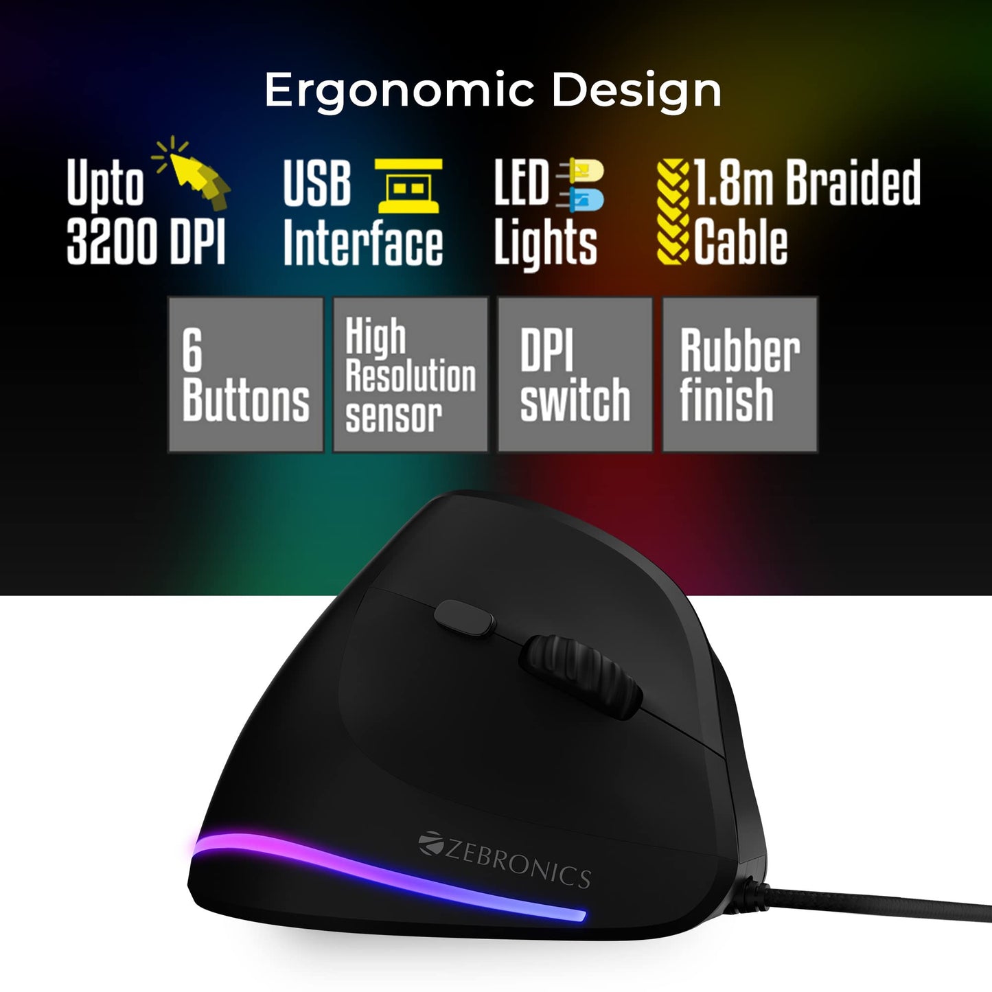 ZEBRONICS-Transformer-M with a High-Performance Gold-Plated USB Mouse: 6 Buttons, Multi-Color LED Lights,High-Resolution Sensor with max 3600 DPI, and DPI Switch(Black)