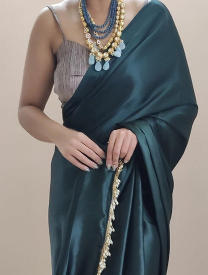 SATAZ Women's Ready to Wear Satin Silk 1 Minute Pre Pleated Saree with Designer Hand Work Tassels (Blackish Green)