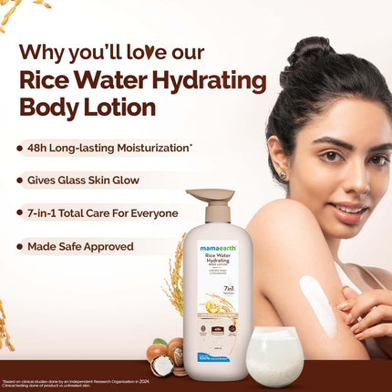 Mamaearth Rice Water Hydrating Body Lotion with Rice Water & Niacinamide for Dewy Glass Skin | 48 Hrs Moisturization | Nourishes Skin | 7in1 Total Care | 100% Natural Butter | Non Greasy Smooth Skin | 400 ml