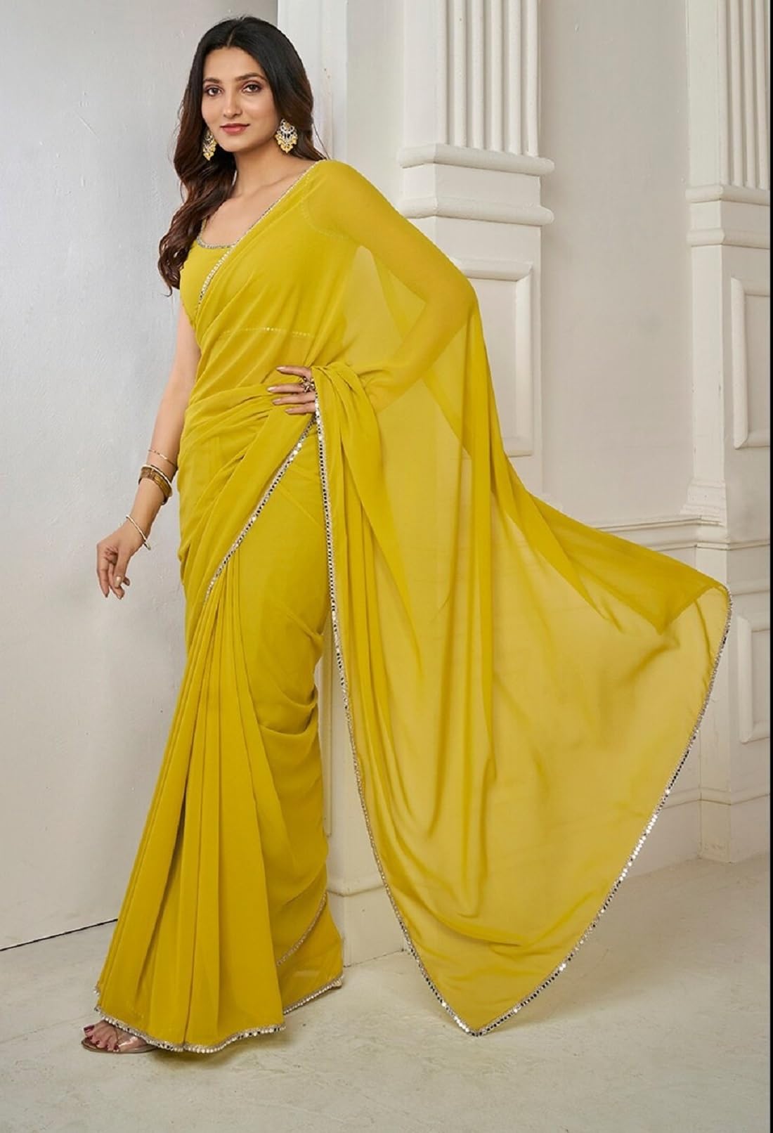 SATAZ Women's Ready to Wear Mustard Yellow Georgette 1 Minute Pre Pleated Mirror Lace Saree with Unstiched Blouse