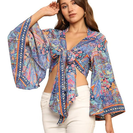 KE Kanha exportsWomen’s and Girls/Ladies Wrap Around Tops Beach wear Tunic Top V Neck Silk Casual Sleeve Printed Top Relaxed Fit Free Size