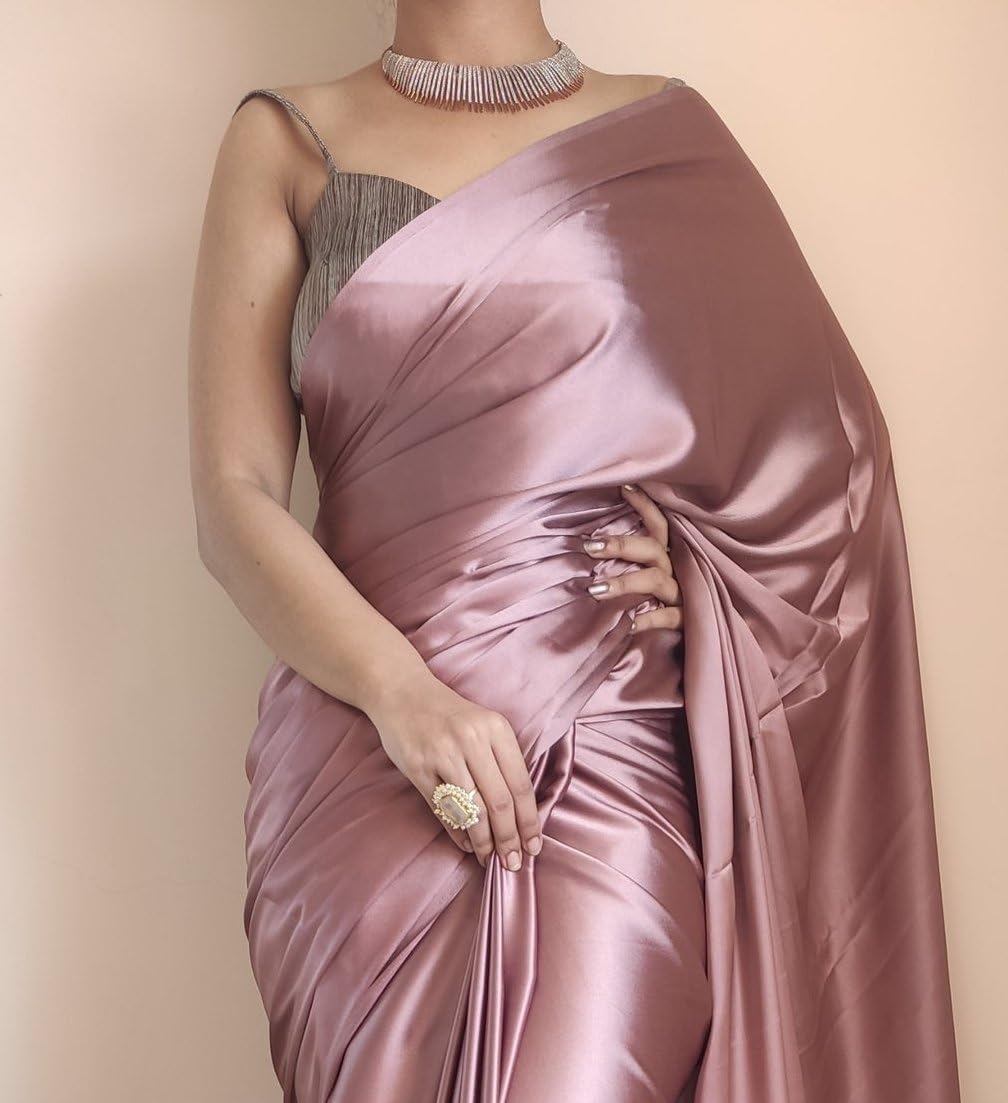 SATAZ Women's Ready to Wear Rose Gold Satin Silk 1 Minute Pre Pleated Saree with Unstitched Rose Gold Blouse