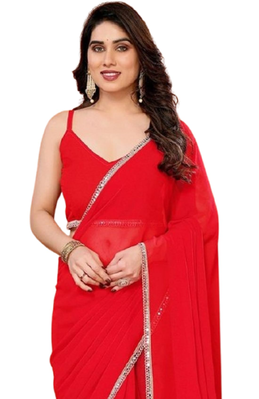 SATAZ Women's Ready to Wear Red Georgette 1 Minute Pre Pleated Mirror Lace Saree with Unstiched Blouse