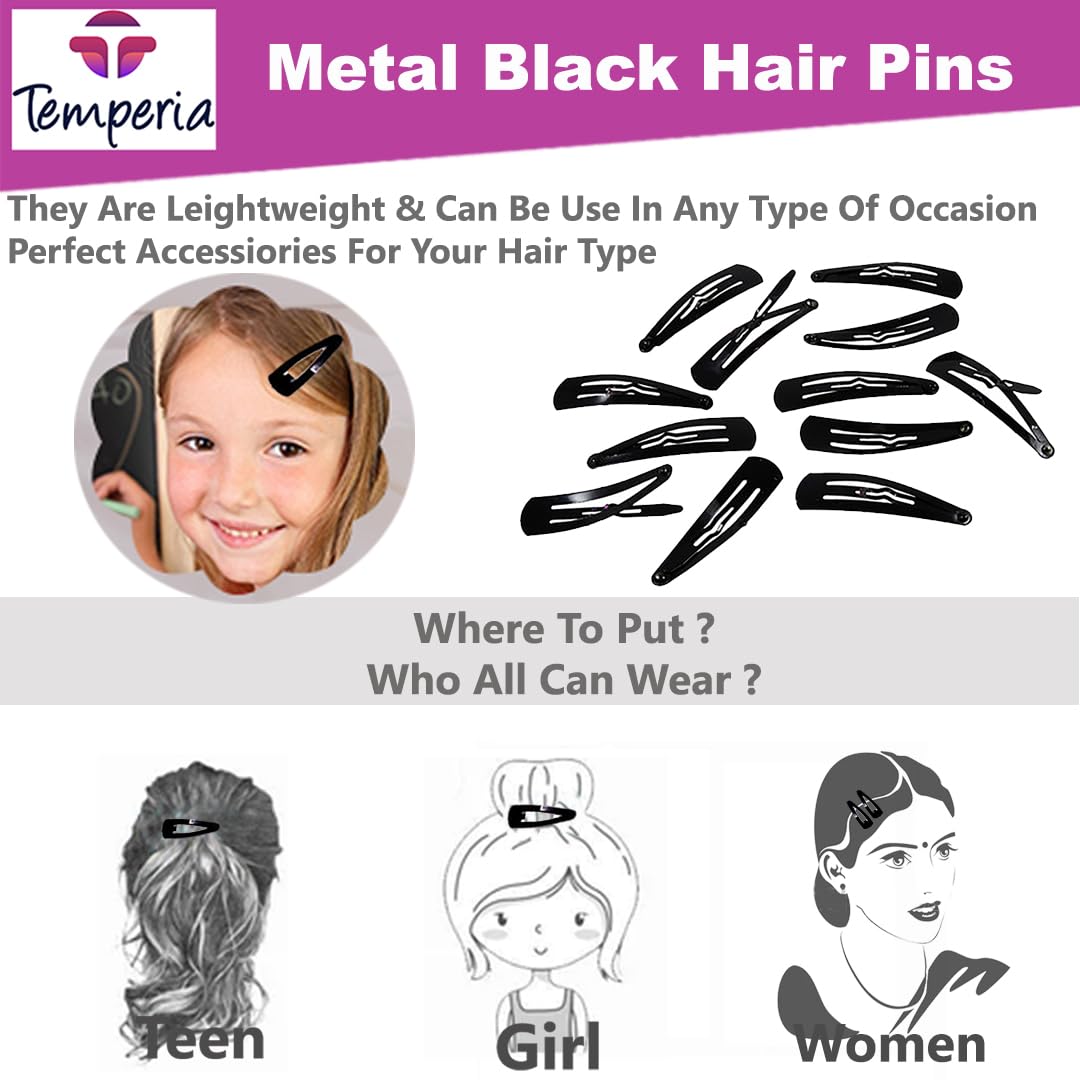 TEMPERIA Tic Tac Hair Clips for Girls (Pack of 24pcs) (5cm) (Matte Black) - Tik Tak Pins for Women