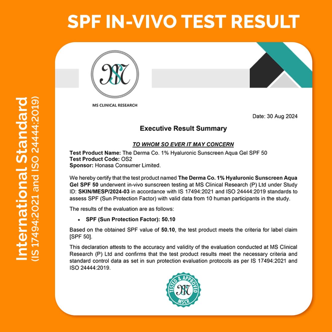 The Derma Co 1% Hyaluronic Sunscreen Aqua Gel SPF 50 PA++++ I For Oily, Dry, Acne-prone Skin | Ultra Lightweight Texture I Non-Greasy I No White Cast | Broad Spectrum Protection & Blue Light Protection | For Men & Women | 50 g