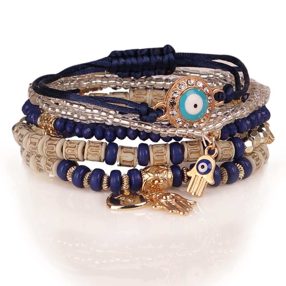 Shining Diva Fashion Bohemian Stackable Multilayer Hamsa Hand Evil Eye Lucky Protection Bracelets Multicolor Crystal Charm Beaded Bracelet for Women Girls