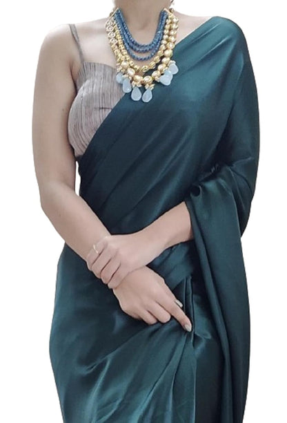 SATAZ Women's Ready to Wear Satin Silk 1 Minute Pre Pleated Saree with Designer Hand Work Tassels (Blackish Green)