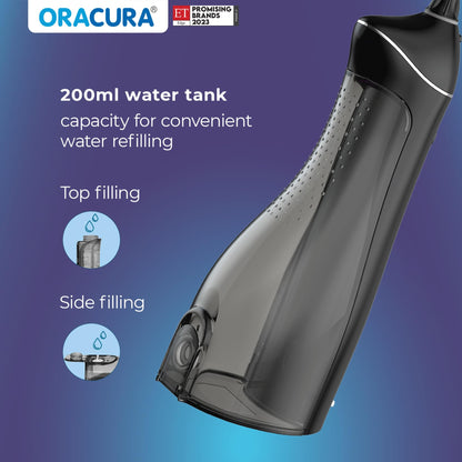 ORACURA® OC200 Dental PRO Smart PLUS Water Flosser® Black, 8 Nozzle Tips, Portable & Rechargeable, Custom 8 Water Pressure Settings, 200ml Tank Capacity, IPX7 Waterproof, 365 Days Warranty