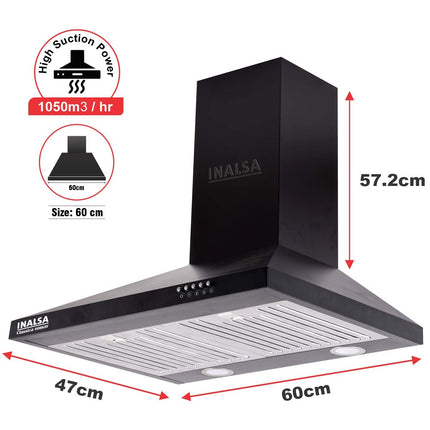 INALSA EKON 60cm 1100 m³/hr Pyramid Kitchen Chimney With Elegant Look|Push Button Control|Efficient Dual LED Lamps & Filterless|5 Year Warranty on Motor (Black)