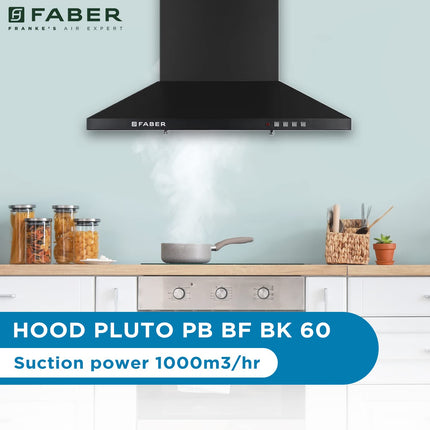 Faber 60 cm 1000 m³/hr Kitchen Chimney (HOOD PLUTO PB BF BK 60, Baffle Filter, Push Button, Black), Free 1 Year Extended warranty