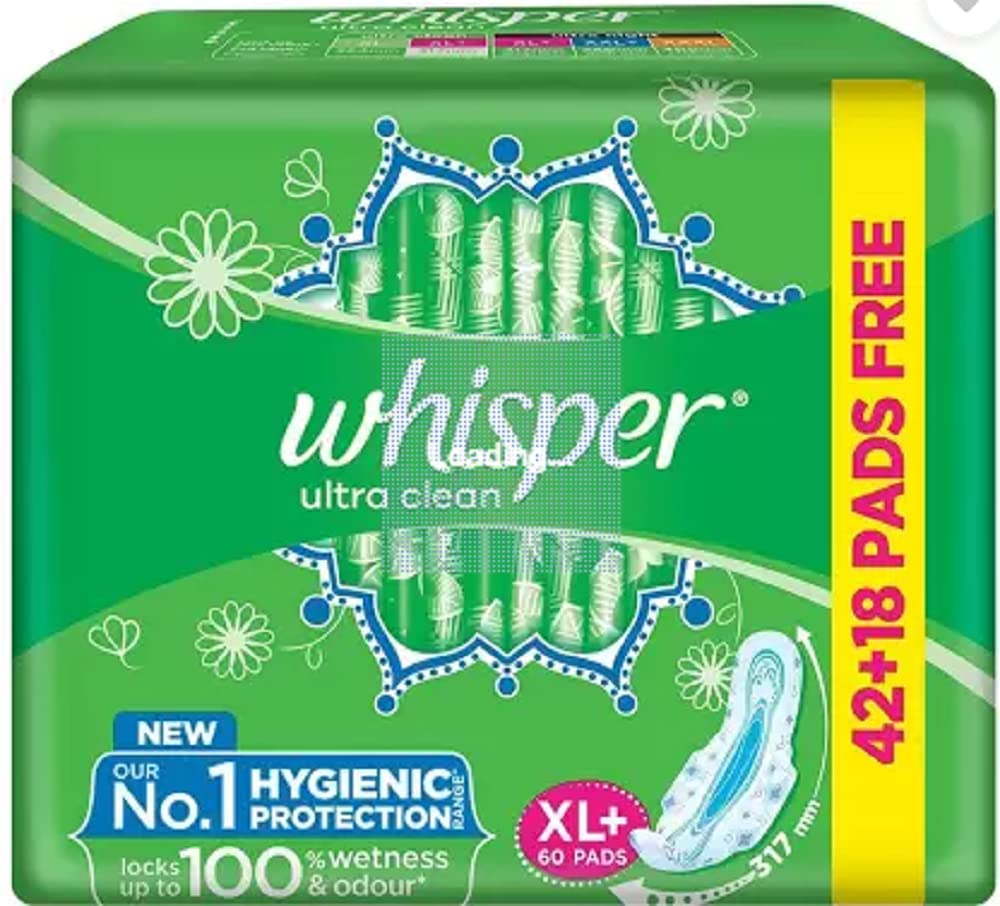 WHISPER ULTRA HYGIENE+COMFORT SANITARY PADS, 50 XL+ PADS, FOR HEAVY FLOW, LONG LASTING PROTECTION, LOCKS ODOUR & WETNESS, DRY TOP SHEET, DISPOSABLE WRAPPER