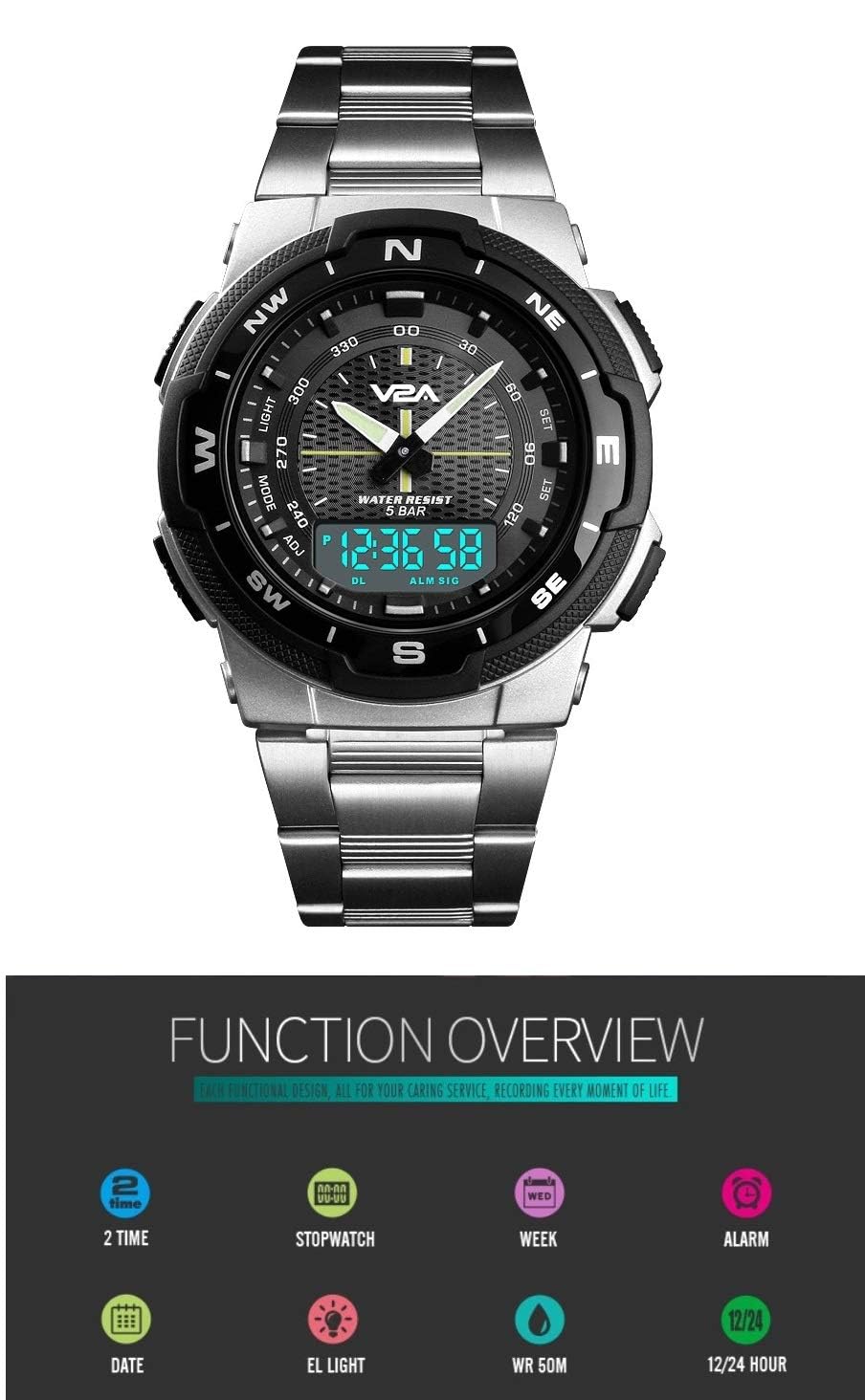 V2A Analogue - Digital Men's Watch (Black Dial Silver Colored Strap)