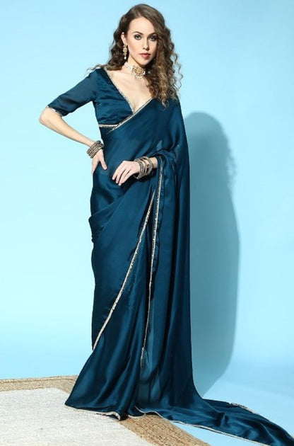 SATAZ Women's Ready to Wear Regal Blue Satin Silk 1 Minute Pre Pleated Mirror Saree with Unstiched Blouse