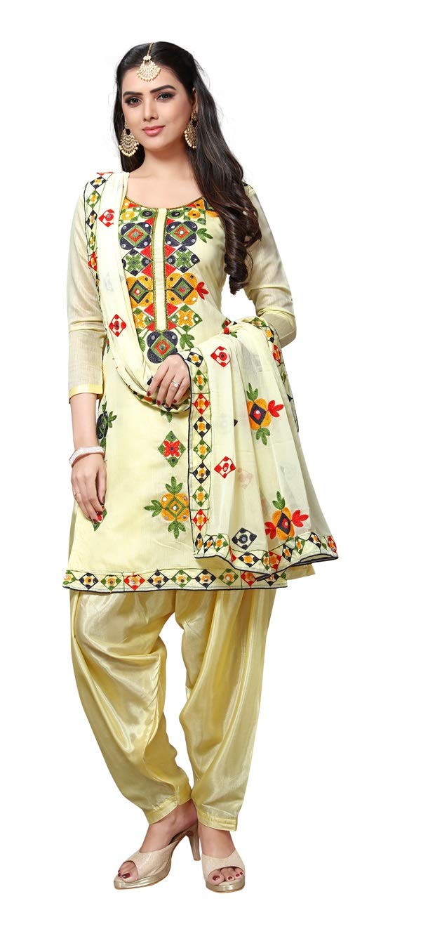 EthnicJunction Women's Chanderi Cotton Embroidered And Mirror Work Unstitched Salwar Suit Material