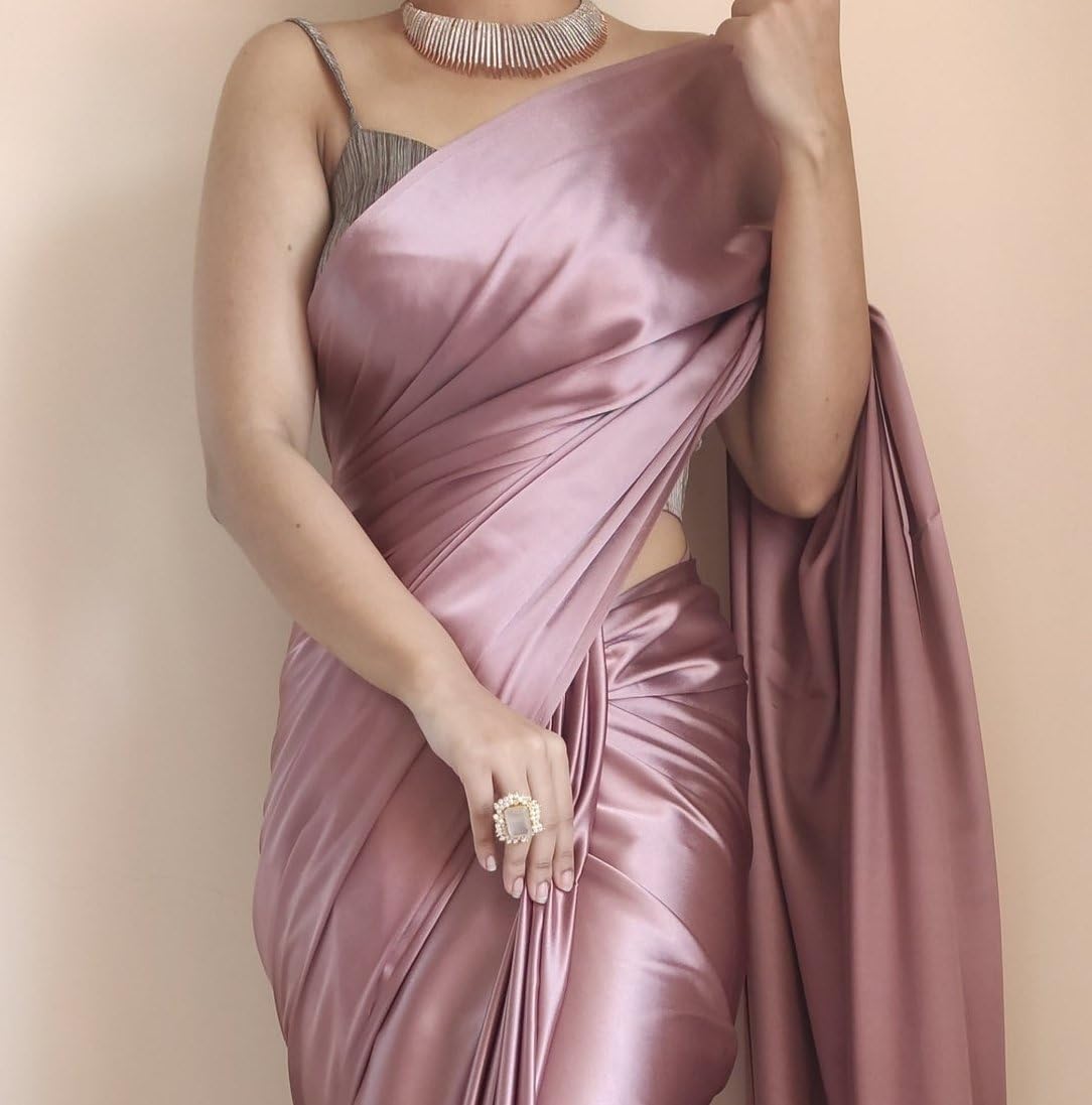 SATAZ Women's Ready to Wear Rose Gold Satin Silk 1 Minute Pre Pleated Saree with Unstitched Rose Gold Blouse