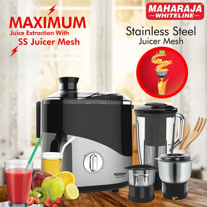 Maharaja Whiteline Plastic Odacio Plus 550 Watts Juicer Mixer Grinder With 3 Versatile Jars | Food Grade Safe | 2 Year Warranty (Black & Silver)