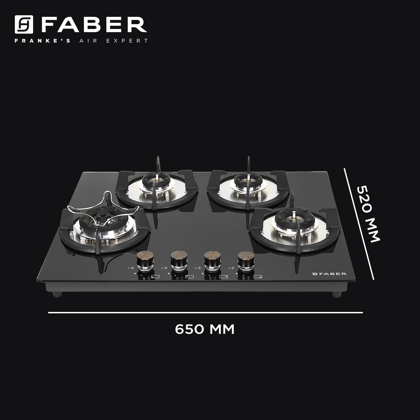 Faber Hob 4 Burner | Auto-Ignition | Spillage Proof | HOB SUPERIA HT764 BR AI | Concealed Chamber | Metal Knobs | Pan Support | Black Glass Finish |5 Yr Warranty on Burner & Glass | 1 Yr comprehensive