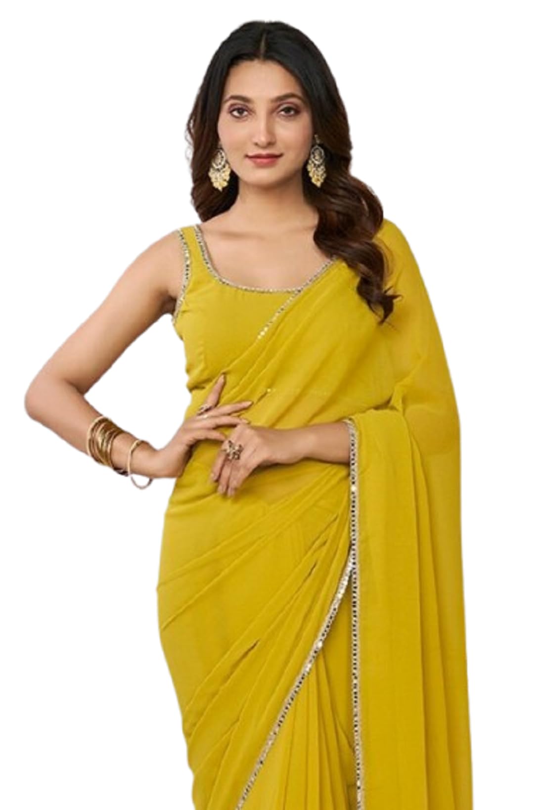 SATAZ Women's Ready to Wear Mustard Yellow Georgette 1 Minute Pre Pleated Mirror Lace Saree with Unstiched Blouse