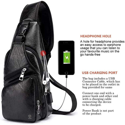 Elios Men's PU Leather Multipurpose Daypack Shoulder Sling Bag Chest Crossbody Shoulder Chest Travel Bag with USB Charging Port Black