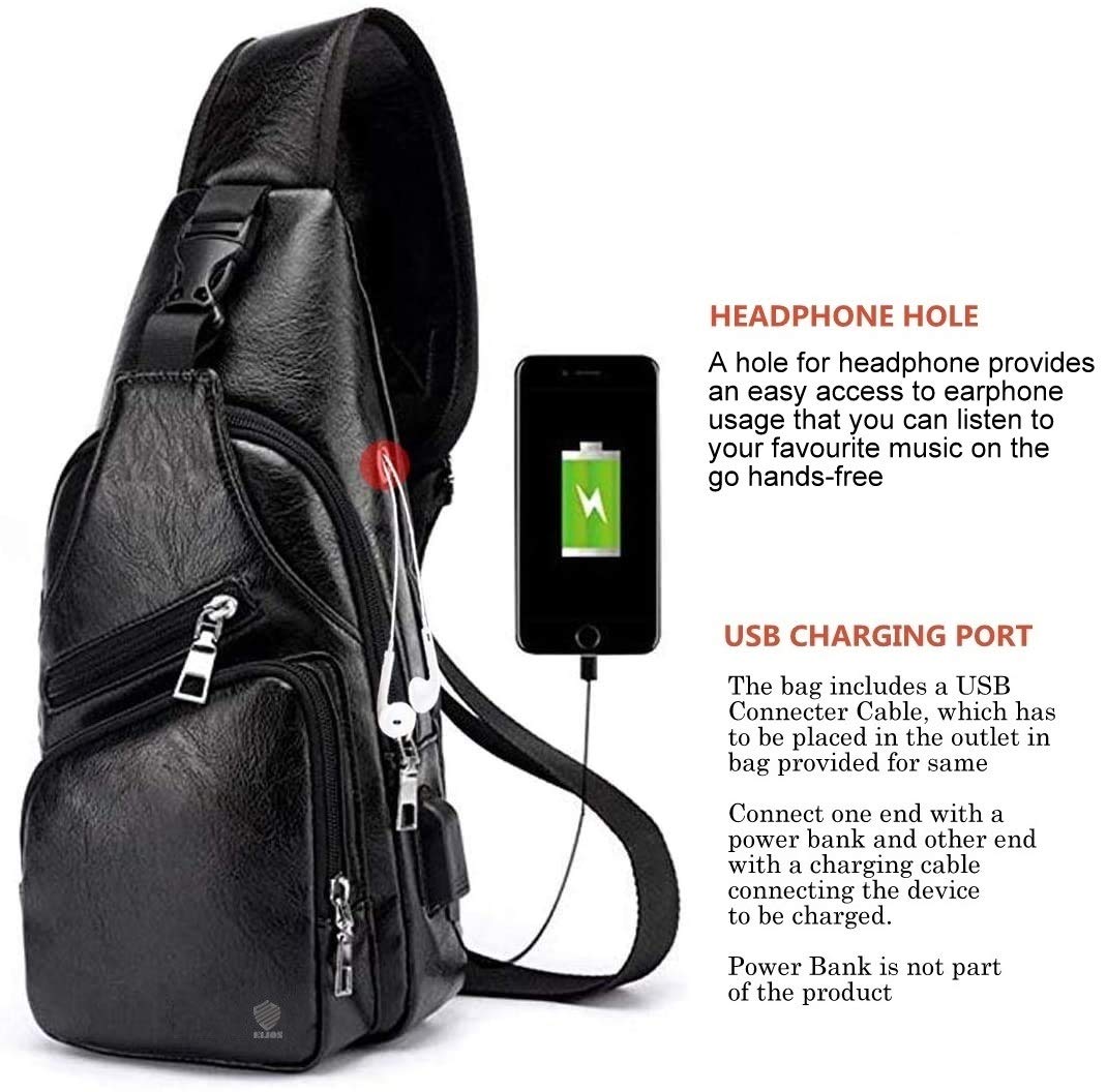 Elios Men's PU Leather Multipurpose Daypack Shoulder Sling Bag Chest Crossbody Shoulder Chest Travel Bag with USB Charging Port Black