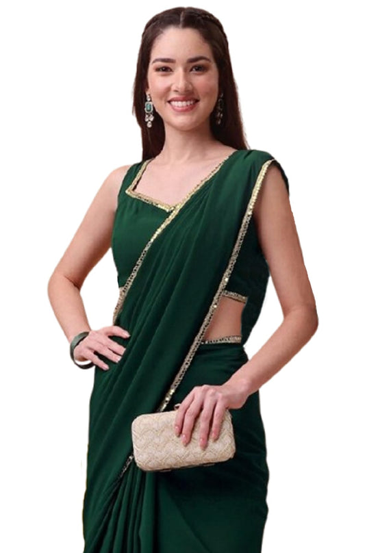 SATAZ Women's Ready to Wear Bottle Green Georgette 1 Minute Pre Pleated Mirror Lace Saree with Unstiched Blouse