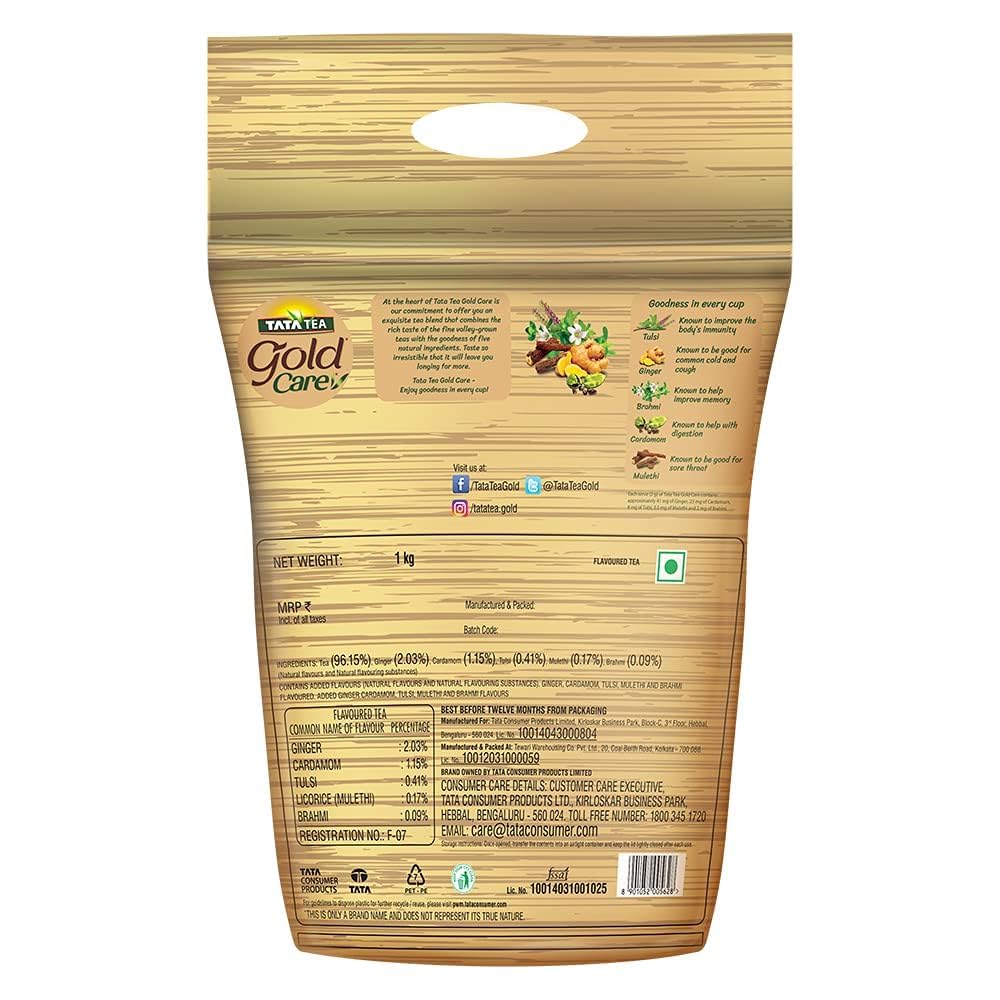 Tata Tea Gold Care, Rich in Taste, Goodness of Elaichi, Ginger, Tulsi, Brahmi & Mulethi, Black Tea, Loose Leaves, 1kg