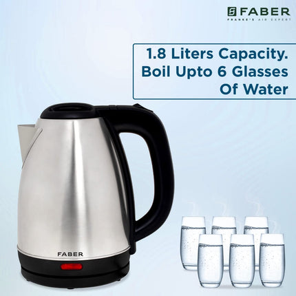 Faber Electric Kettle with Stainless Steel Body, FK 1.8 litres boiler for Water, SS, (FK 1.8L SS)