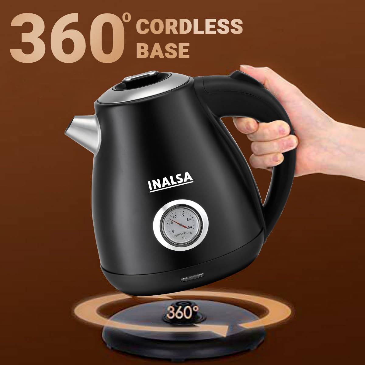 INALSA Premium English Finish Electric kettle|Analogue Temperature Display|2 Yr Warranty|Non Toxic SS Inner Body|Detachable Mesh Filter with Safety Cap (Callisto)