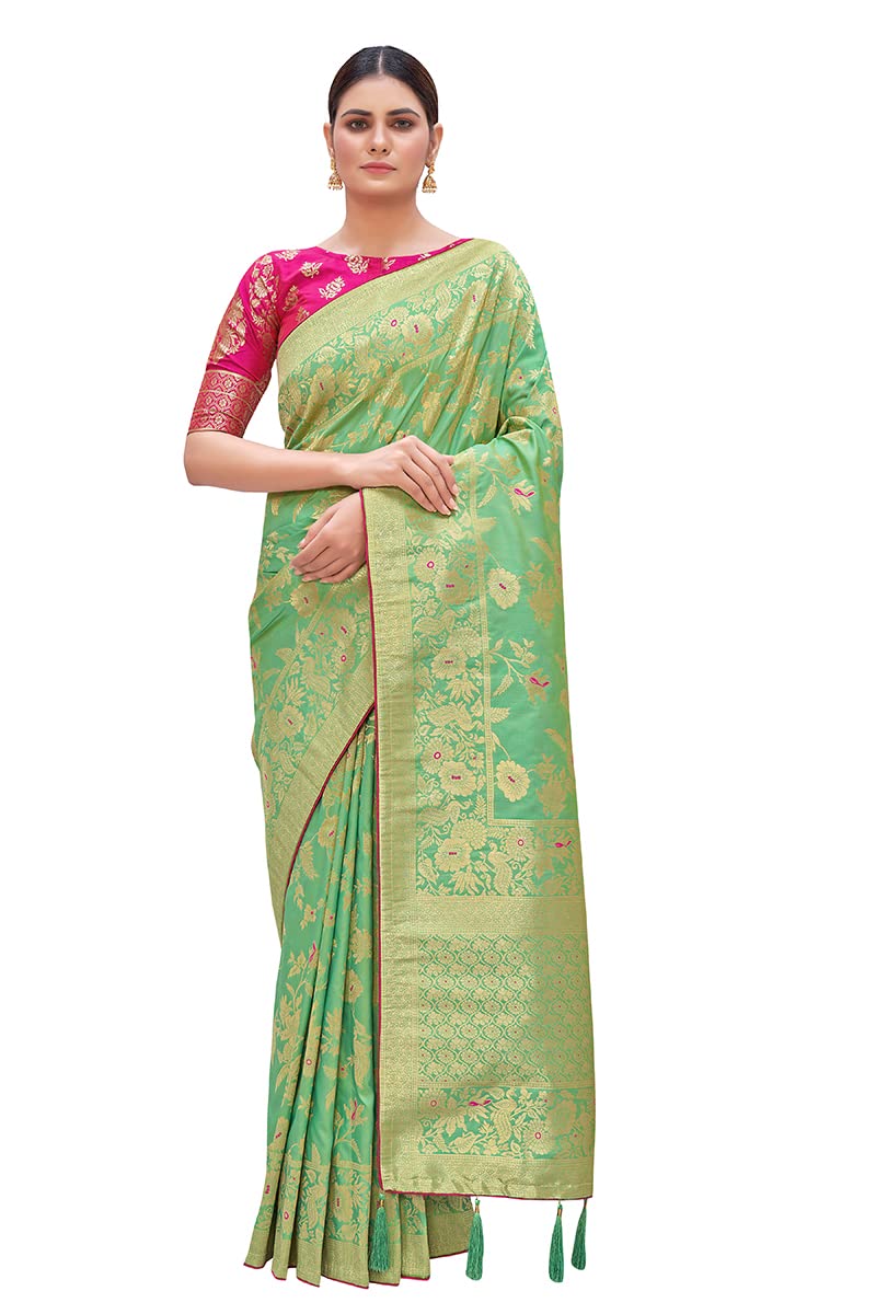 Monjolika Fashion Women's Banarasi Silk Blend Woven Zari With Tussles Saree and Jacquard Woven Blouse Piece (37765 color)