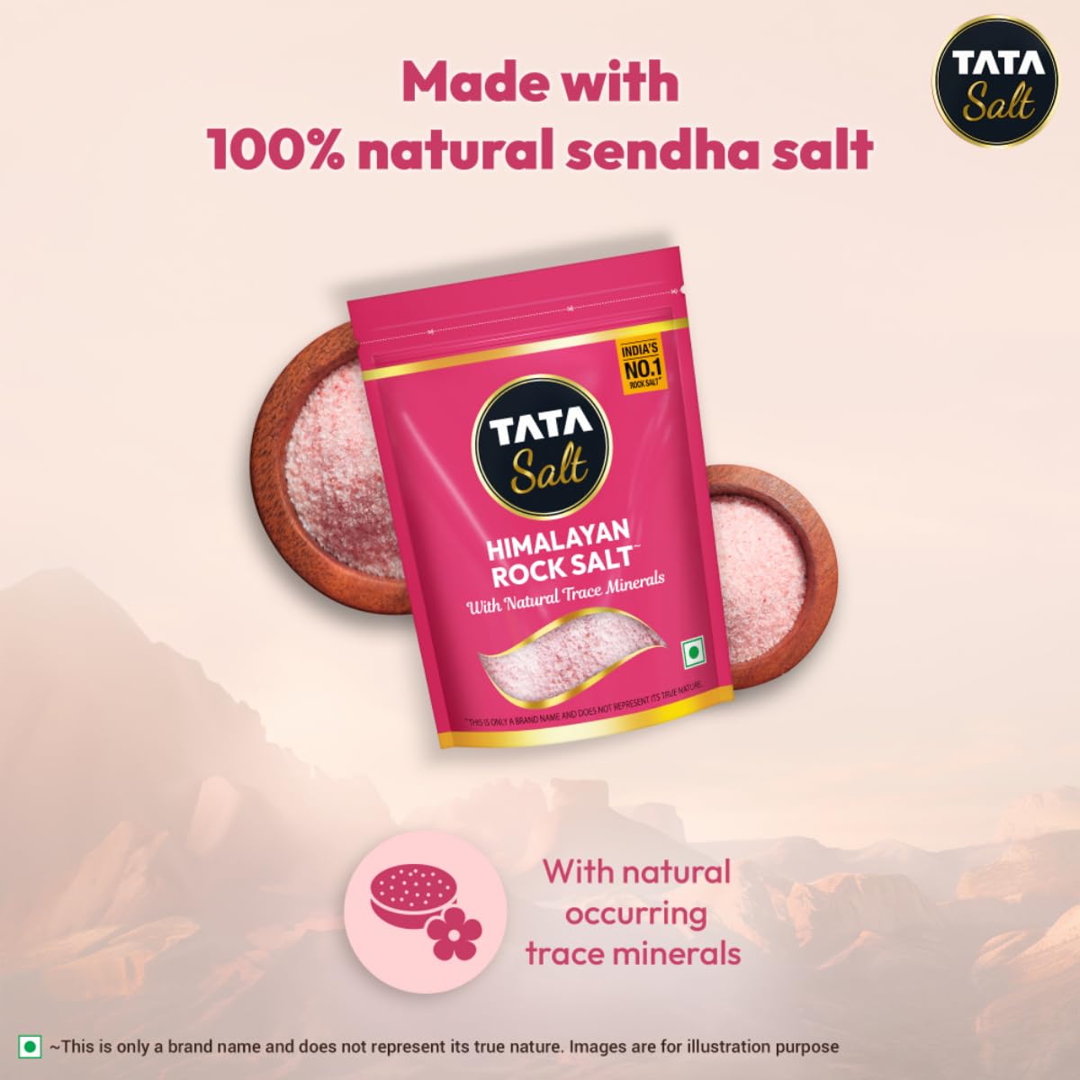 Tata Himalayan Rock Pink Salt, 1kg Pouch, Premium Sendha Namak, With Natural Trace Minerals, Low Sodium, Crystal Salt