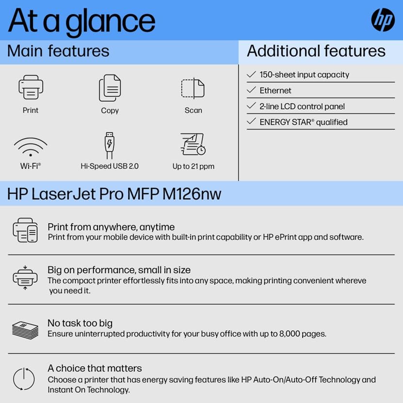 HP Laserjet Pro M126Nw All-in-One B&W Wireless Monochrome Laser Printers for Home: Print, Copy, & Scan, Compact, Easy Mobile Printing, Black