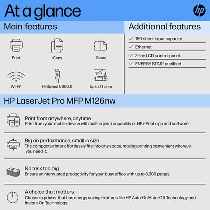 HP Laserjet Pro M126Nw All-in-One B&W Wireless Monochrome Laser Printers for Home: Print, Copy, & Scan, Compact, Easy Mobile Printing, Black