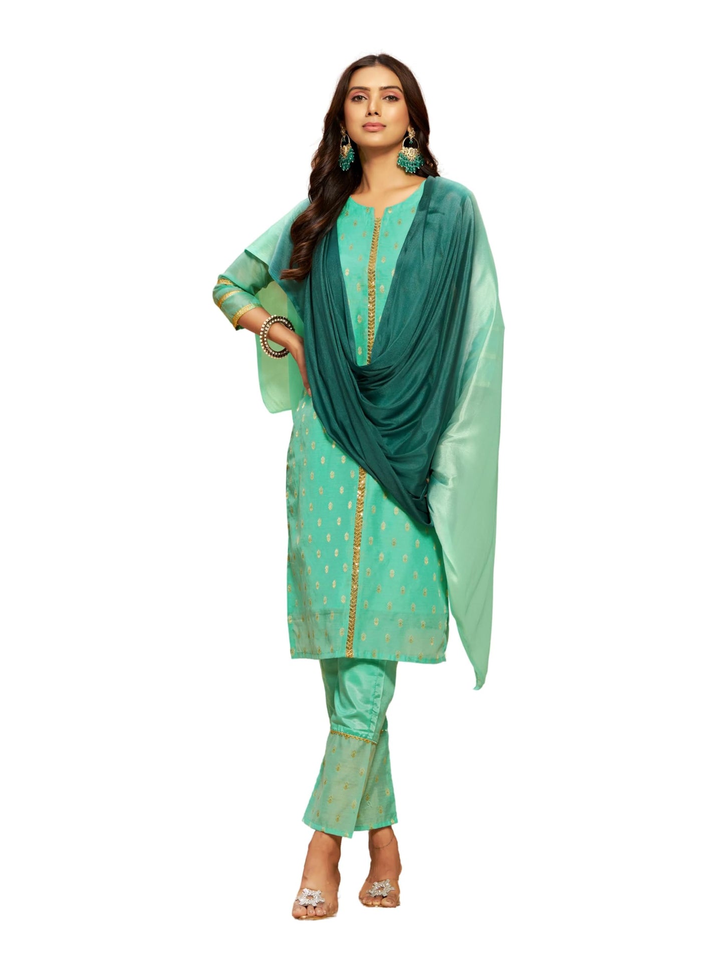 EthnicJunction Women's Chanderi Silk Jacquard Straight Kurta Pant with Dupatta