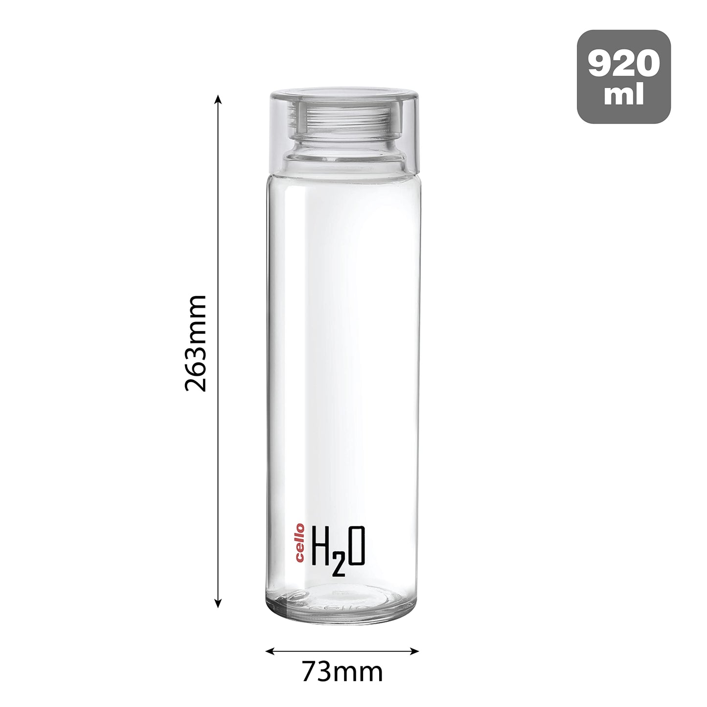 Cello H2O Glass Fridge Water Bottle with Plastic Cap | Leak Proof & Break-Proof | Wide Mouth & Easy to Clean | Best Usage for Office/School/College | 920ml | Red