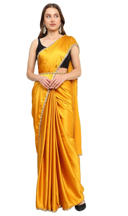 SATAZ Women's Ready to Wear Satin Silk One Minute Readymade Saree With Unstiched Blouse And Waist Belt (Yellow)