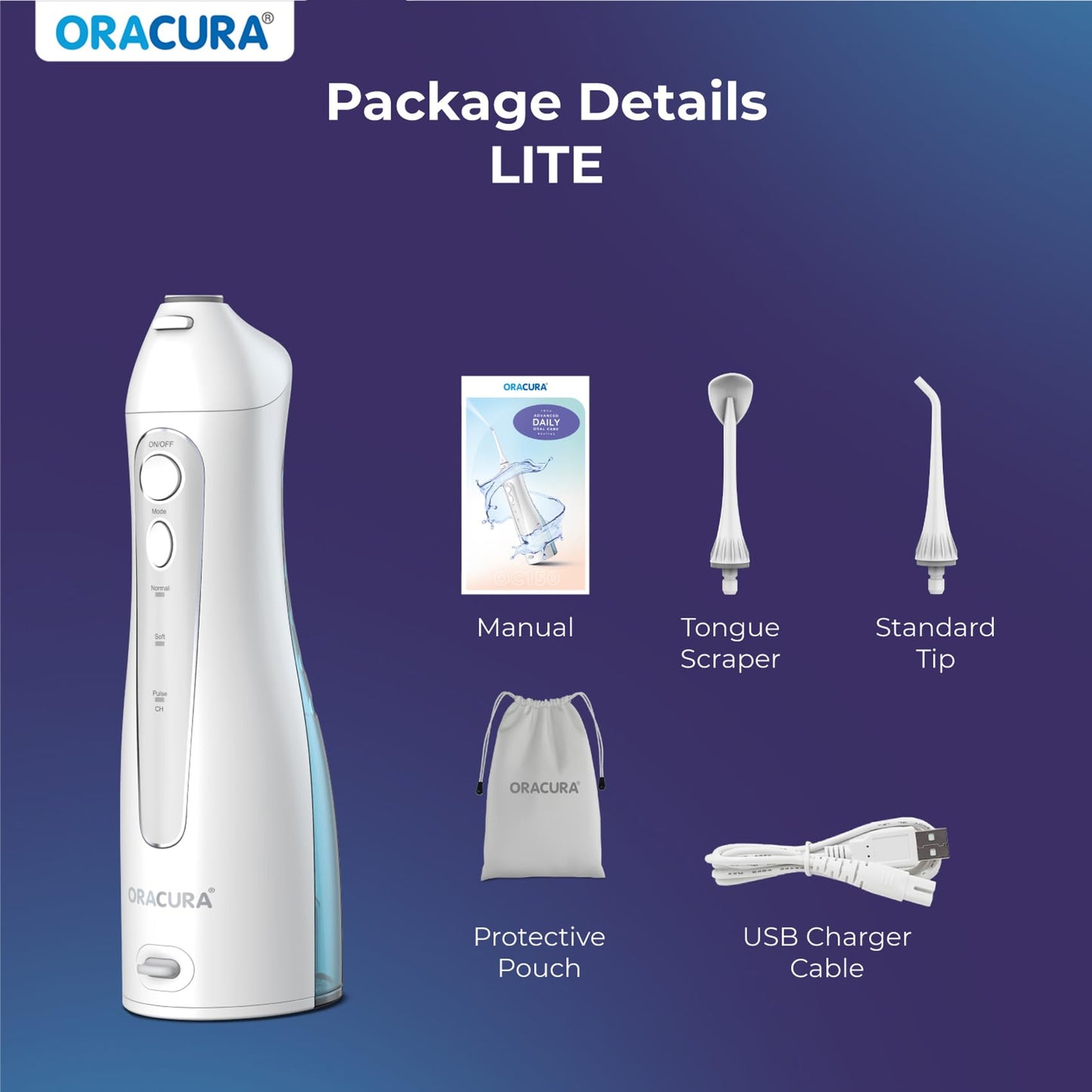 ORACURA OC150 Dental PRO Smart Water Flosser Black, 150ml water tank capacity, Portable & Rechargeable, 3 Modes, 365 Days Warranty