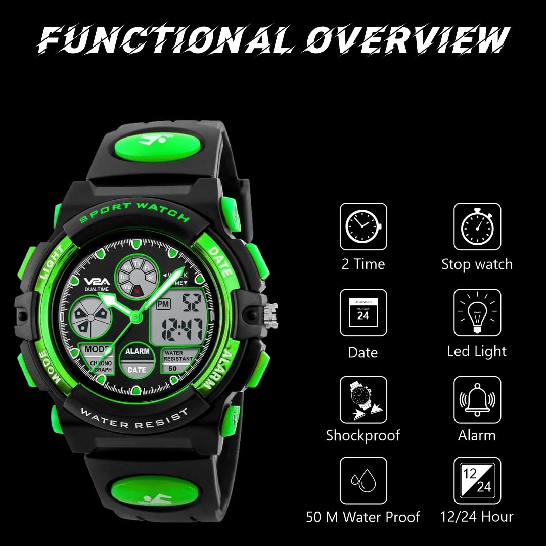 V2A Watch for Boys Age 7 and Above Analogue-Digital Shock Resistant Alarm Calender Water Proof Sports Watch for Boys Age 7 to 16 Years