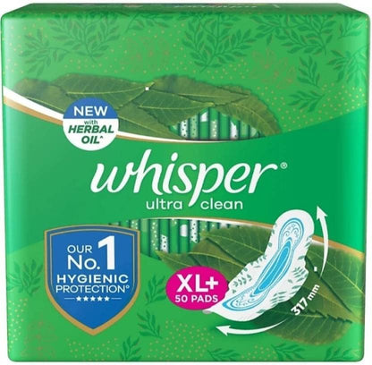 WHISPER ULTRA HYGIENE+COMFORT SANITARY PADS, 50 XL+ PADS, FOR HEAVY FLOW, LONG LASTING PROTECTION, LOCKS ODOUR & WETNESS, DRY TOP SHEET, DISPOSABLE WRAPPER