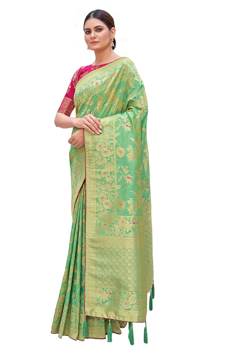 Monjolika Fashion Women's Banarasi Silk Blend Woven Zari With Tussles Saree and Jacquard Woven Blouse Piece (37765 color)