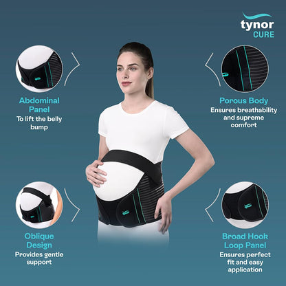 TYNOR Pregnancy Support | Maternity Belt for Lower Back Pain Relief & Posture Support | Adjustable, Comfortable Design for Pregnent Women | Pack of 1 (Black, XL)