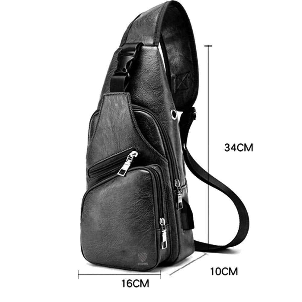 Elios Men's PU Leather Multipurpose Daypack Shoulder Sling Bag Chest Crossbody Shoulder Chest Travel Bag with USB Charging Port Black