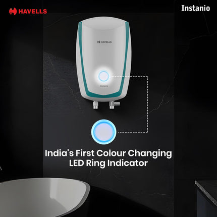 Havells Instanio 3L Instant Water Heater(Geyser)| Temp. Sensing LED Indicator| Rust & Shock Proof Body| ISI Marked|With Flexible Pipes|Warranty: 5 year on Inner Tank| High Rise Compatible (White Blue) 