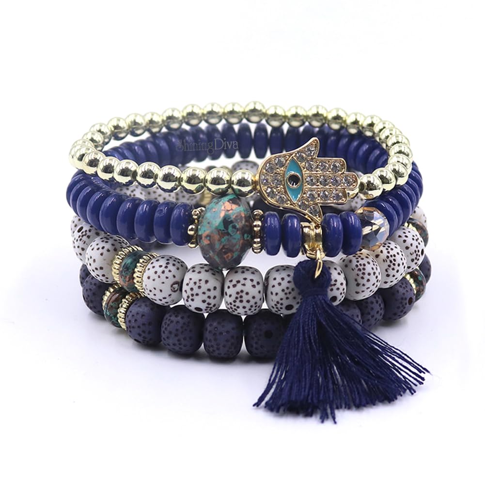 Shining Diva Fashion Bohemian Stackable Multilayer Hamsa Hand Evil Eye Lucky Protection Bracelets Multicolor Crystal Charm Beaded Bracelet for Women Girls