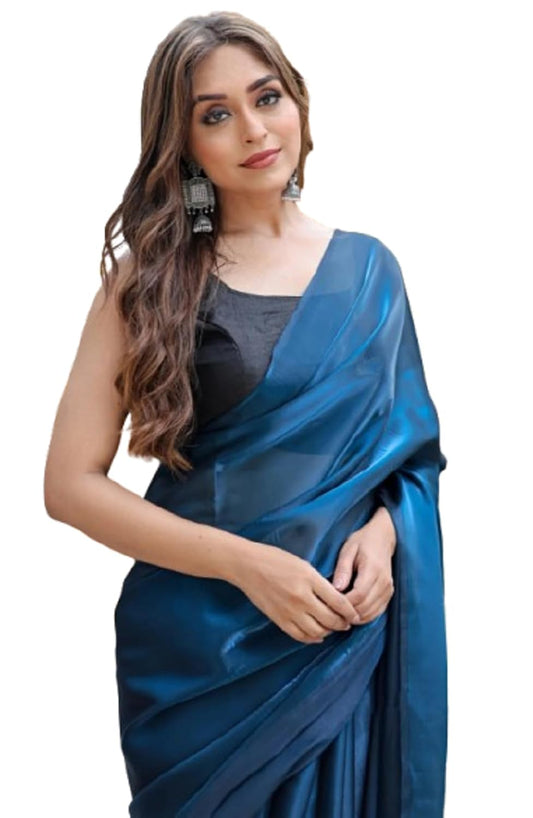 SATAZ Women's Ready to Wear Jimichu Silk One Minute Readymade Traditional Designer Blue Saree With Unstitched Blouse