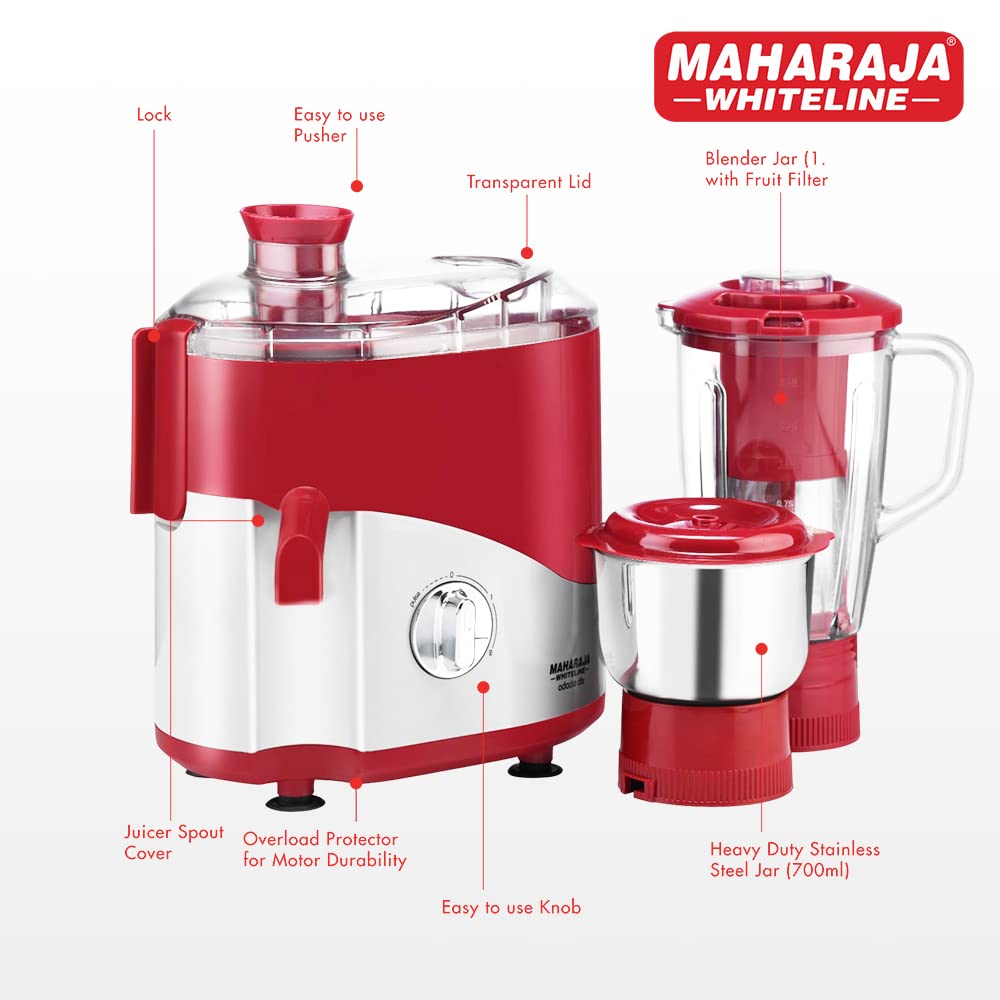 Maharaja Whiteline Plastic Odacio Plus 550 Watts Juicer Mixer Grinder With 3 Versatile Jars | Food Grade Safe | 2 Year Warranty (Black & Silver)