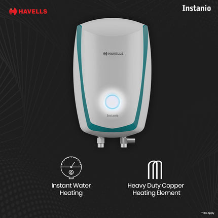 Havells Instanio 3L Instant Water Heater(Geyser)| Temp. Sensing LED Indicator| Rust & Shock Proof Body| ISI Marked|With Flexible Pipes|Warranty: 5 year on Inner Tank| High Rise Compatible (White Blue) 