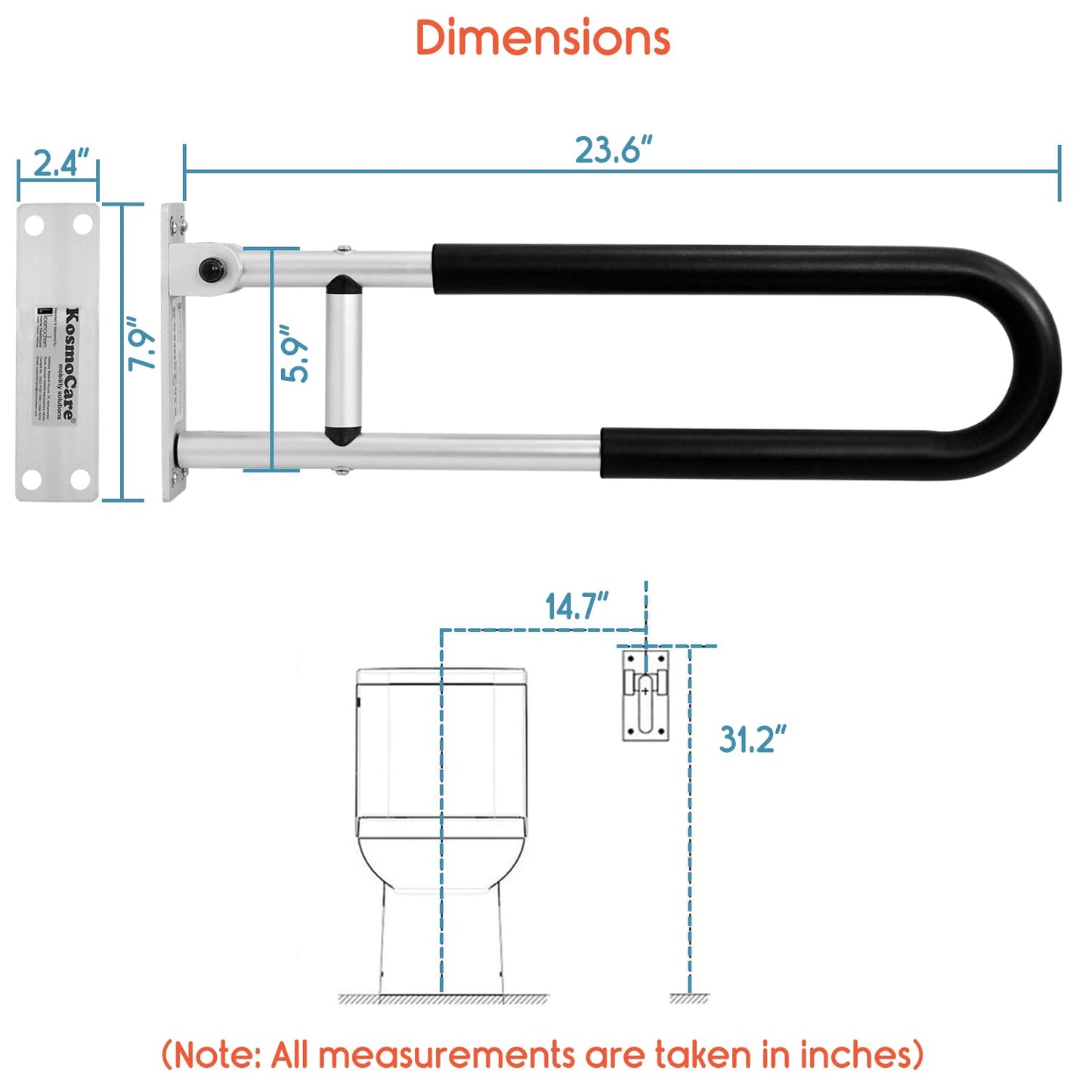 KosmoCare Wall Mounted Flip up Aluminum Grab Bar Rails 23.6 Inch Toilet Handrails Bathroom Safety Bar Hand Support