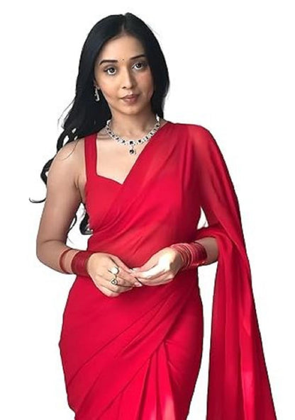 SATAZ Women's Ready to Wear Red Soft Georgette Saree for Women 1 Minute Pre Pleated with Unstiched Blouse